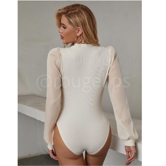 Beige Elegant V neck Bodysuit Surplice Decolleté V-Neck Long Bishop Sheer Sleeve - Picture 3 of 8